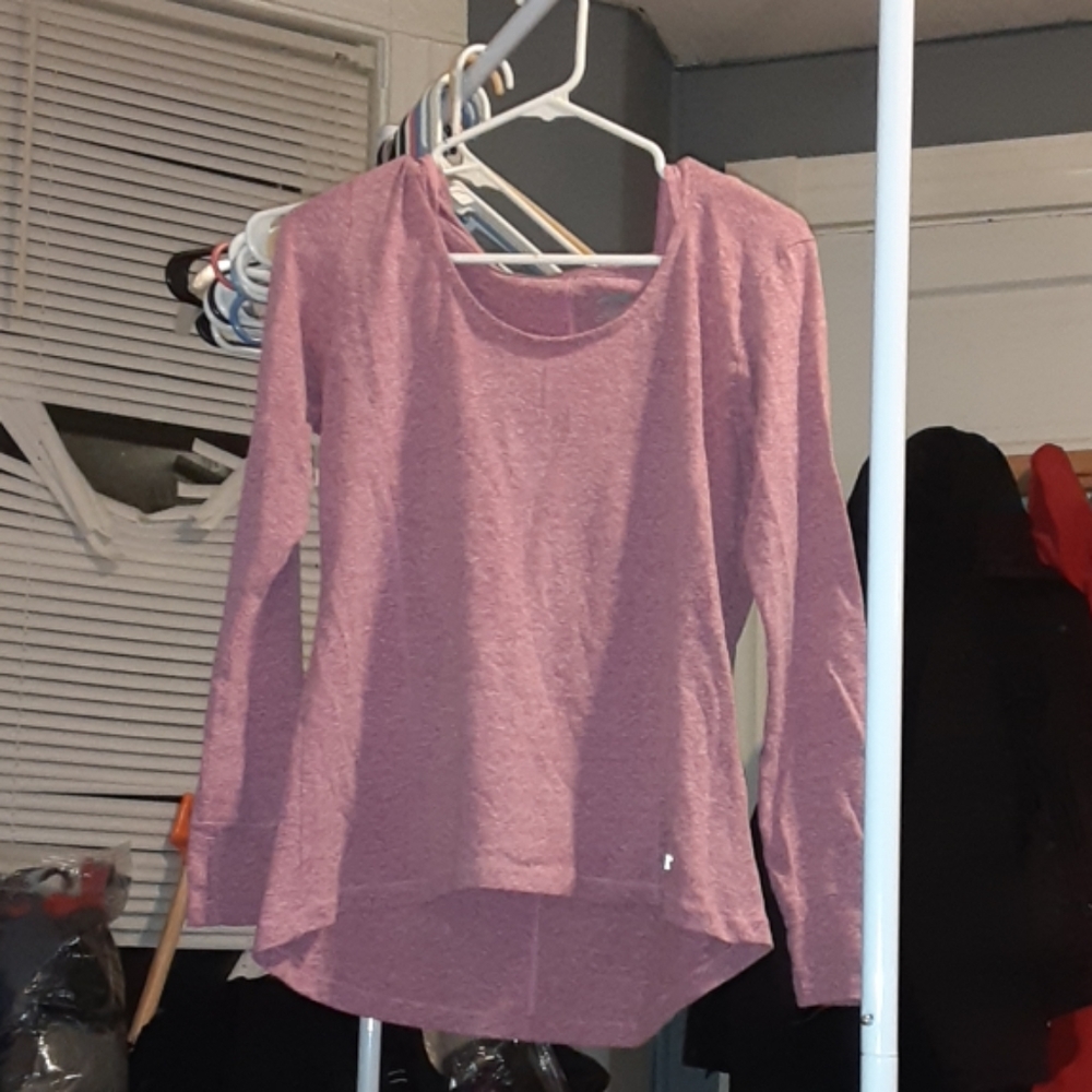 Pink long sleeve hooded shirt.